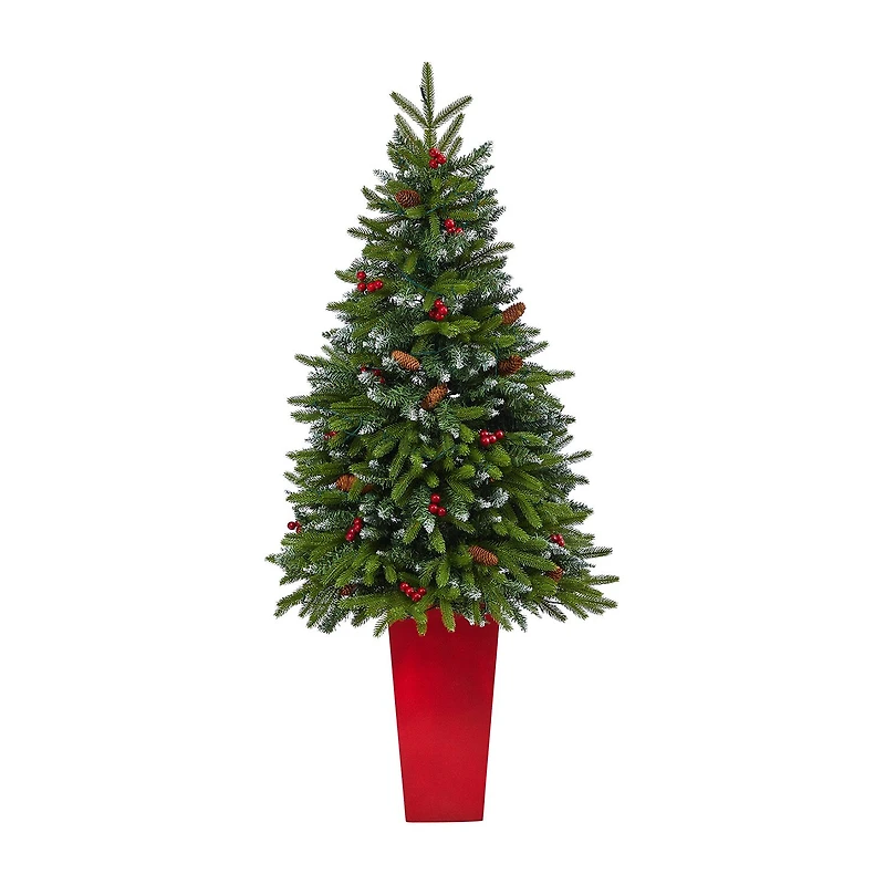 Nearly Natural Snow Tipped Spruce 5 Foot Pre-Lit Flocked Potted Spruce Christmas Tree