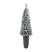 Nearly Natural Pencil 4 1/2 Foot Pre-Lit Flocked Potted Pine Christmas Tree