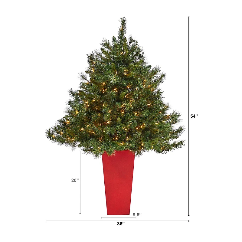 Nearly Natural Red Mixed 4 1/2 Foot Pre-Lit Potted Pine Christmas Tree