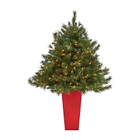 Nearly Natural Red Mixed 4 1/2 Foot Pre-Lit Potted Pine Christmas Tree