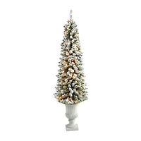 Nearly Natural Flocked Pencil 5 1/2 Foot Pre-Lit Flocked Potted Pine Christmas Tree