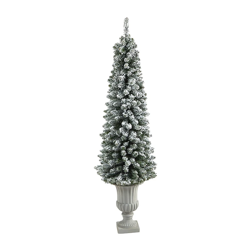 Nearly Natural Flocked Pencil 5 1/2 Foot Pre-Lit Flocked Potted Pine Christmas Tree