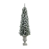 Nearly Natural Flocked Pencil 5 1/2 Foot Pre-Lit Flocked Potted Pine Christmas Tree