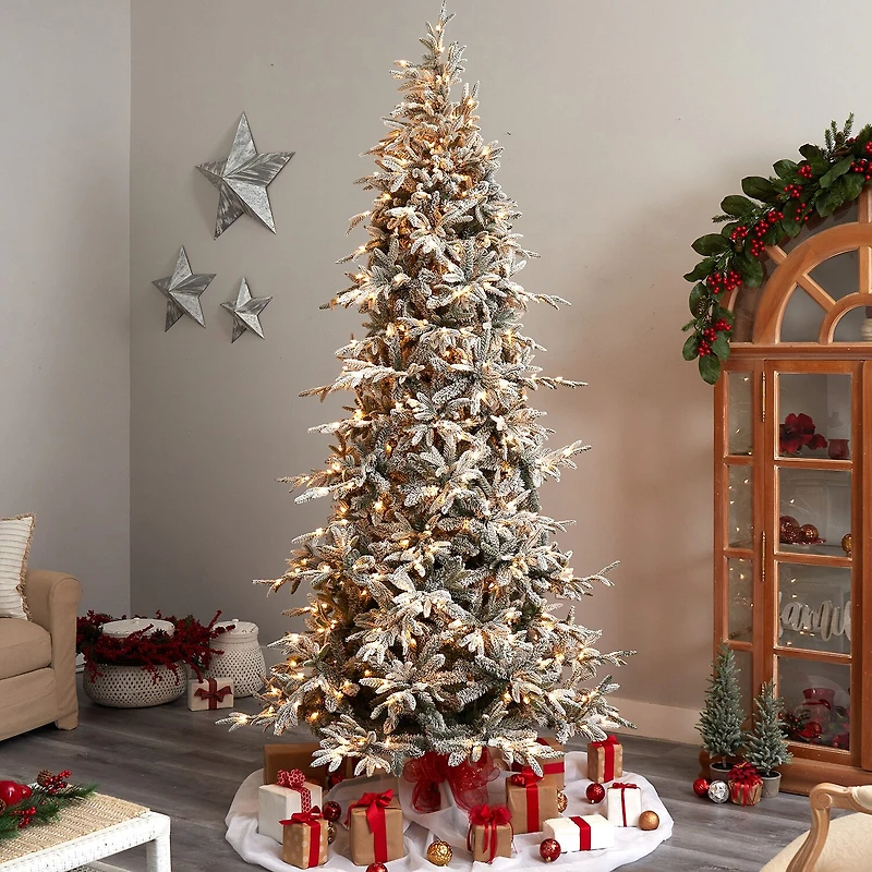 Nearly Natural 9 1/2 Foot Pre-Lit Flocked Spruce Christmas Tree