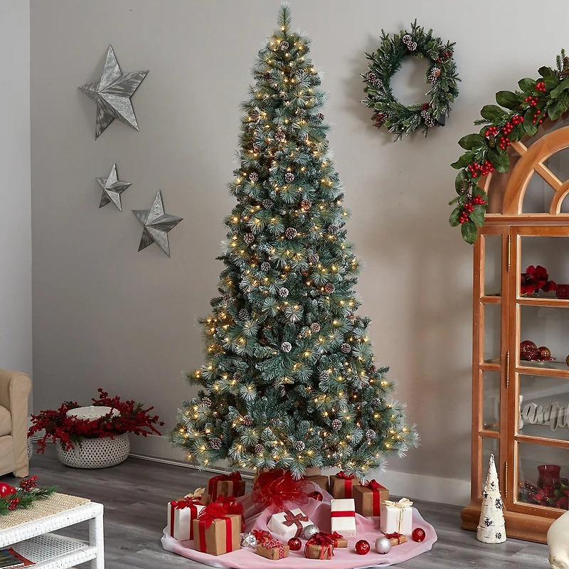 Nearly Natural Frosted 9 Foot Pre-Lit Flocked Pine Christmas Tree