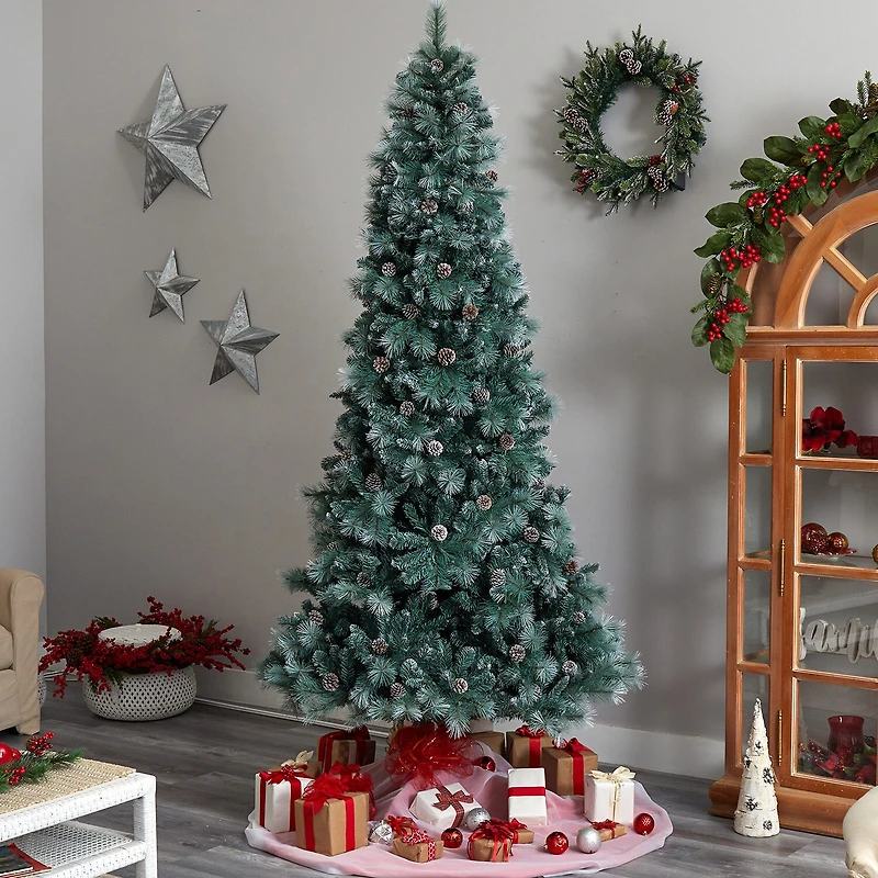 Nearly Natural Frosted 9 Foot Pre-Lit Flocked Pine Christmas Tree