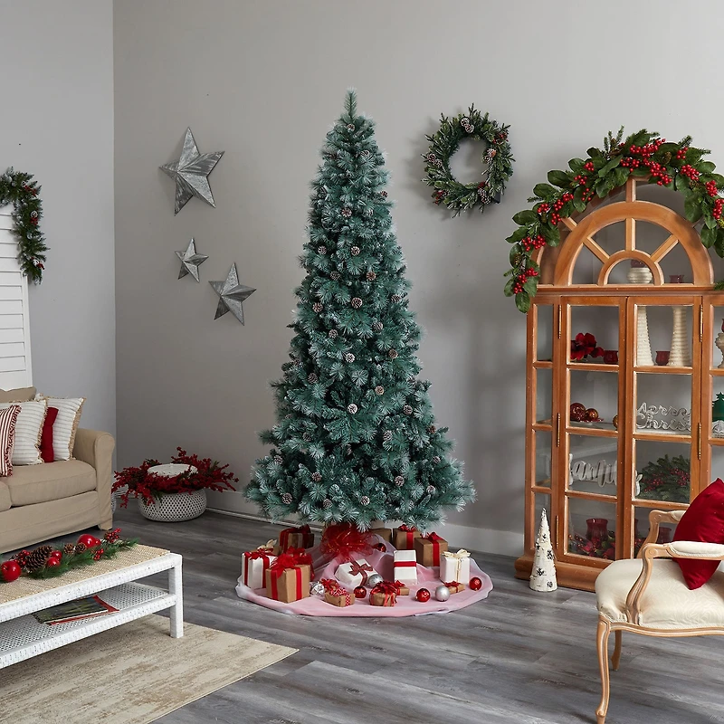 Nearly Natural Frosted 9 Foot Pre-Lit Flocked Pine Christmas Tree