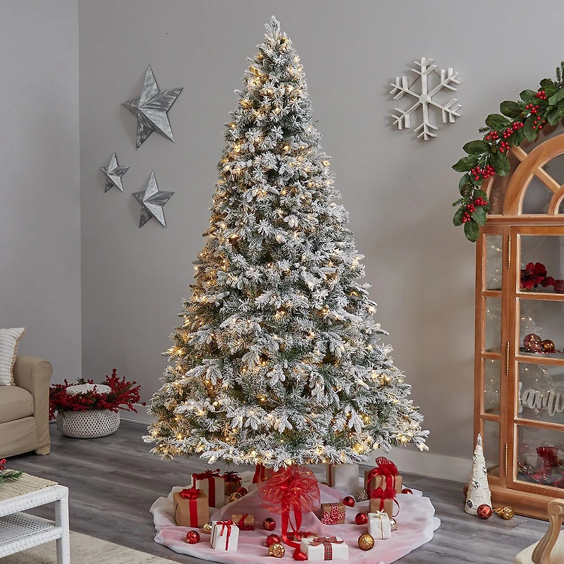 Nearly Natural 9 Foot Pre-Lit Flocked Pine Christmas Tree