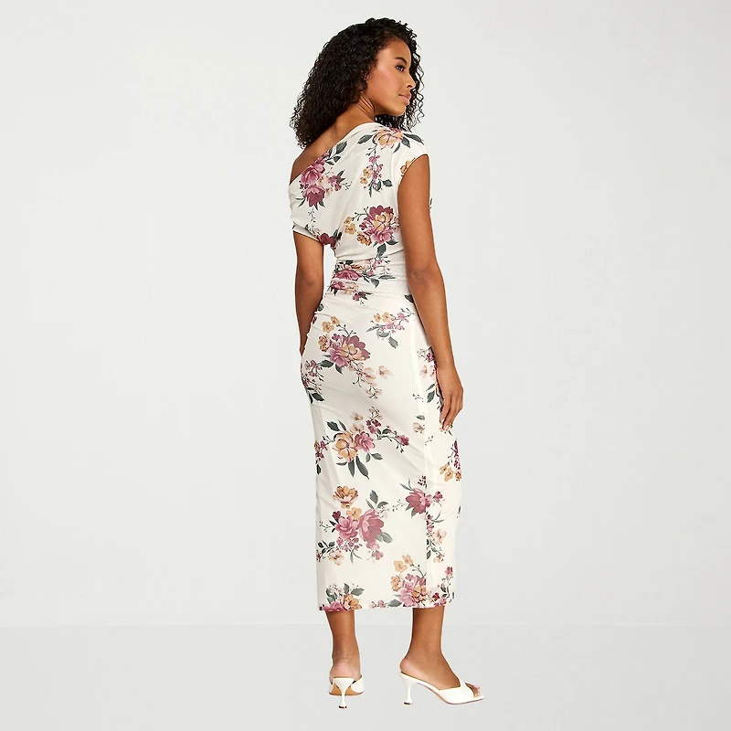 Premier Amour Womens Midi Asymmetrical Neck Sleeveless Floral Sheath Dress