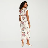 Premier Amour Womens Midi Asymmetrical Neck Sleeveless Floral Sheath Dress