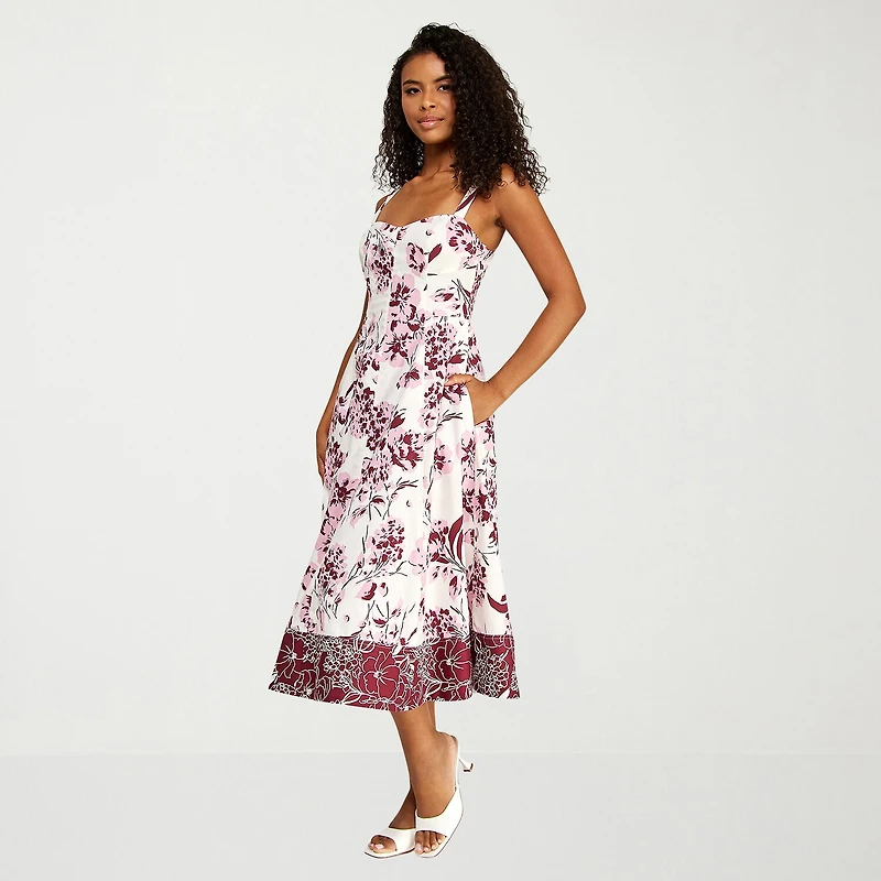 Premier Amour Womens Midi Sweetheart Neck Sleeveless Floral Fit + Flare Dress