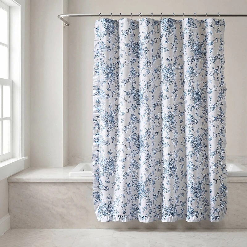 Madison Park Essentials Colette Floral Ruffle Shower Curtain with 12 Roller Ball Hooks