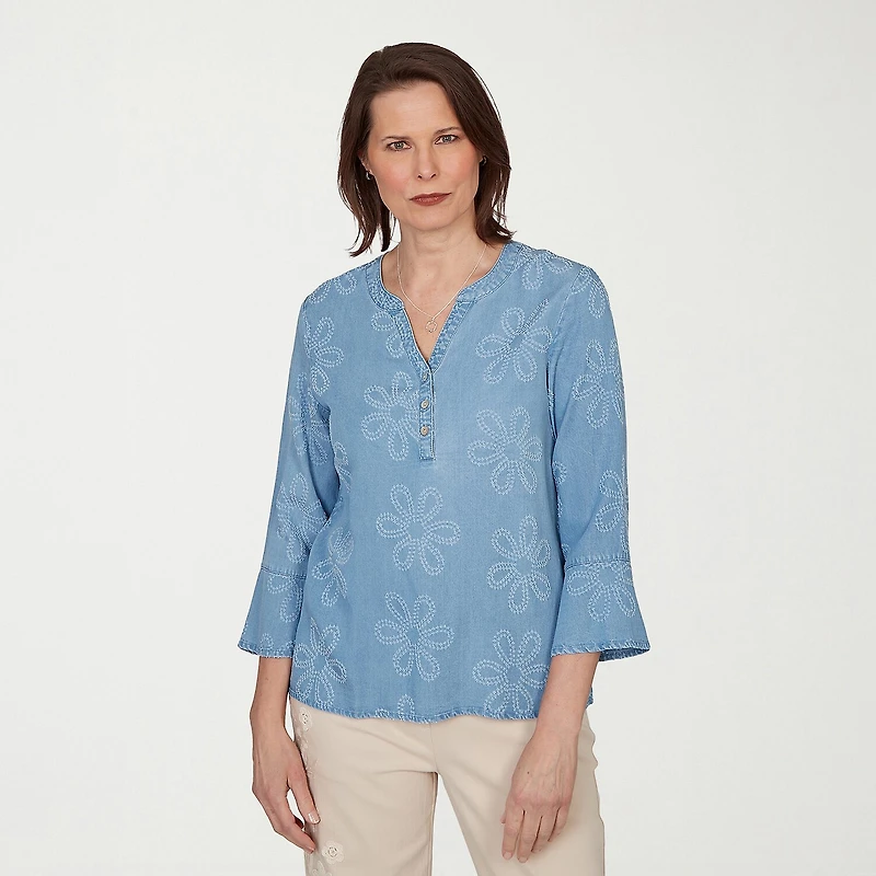 Alfred Dunner Camden Market Womens Split Crew Neck 3/4 Sleeve Embellished Blouse