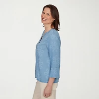 Alfred Dunner Camden Market Womens Split Crew Neck 3/4 Sleeve Embellished Blouse