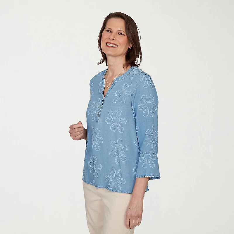 Alfred Dunner Camden Market Womens Split Crew Neck 3/4 Sleeve Embellished Blouse