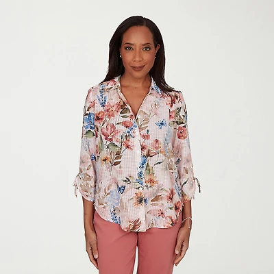Alfred Dunner Camden Market Womens 3/4 Sleeve Regular Fit Button-Down Shirt