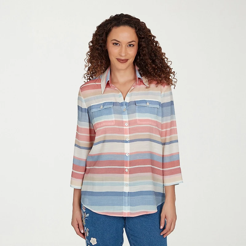 Alfred Dunner Camden Market Womens Cuffed 3/4 Sleeve Regular Fit Button-Down Shirt