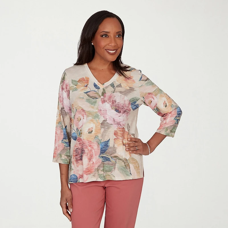 Alfred Dunner Camden Market Womens V Neck 3/4 Sleeve T-Shirt
