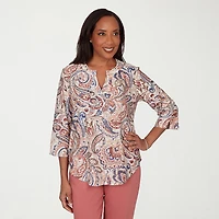 Alfred Dunner Camden Market Womens Split Crew Neck 3/4 Sleeve T-Shirt