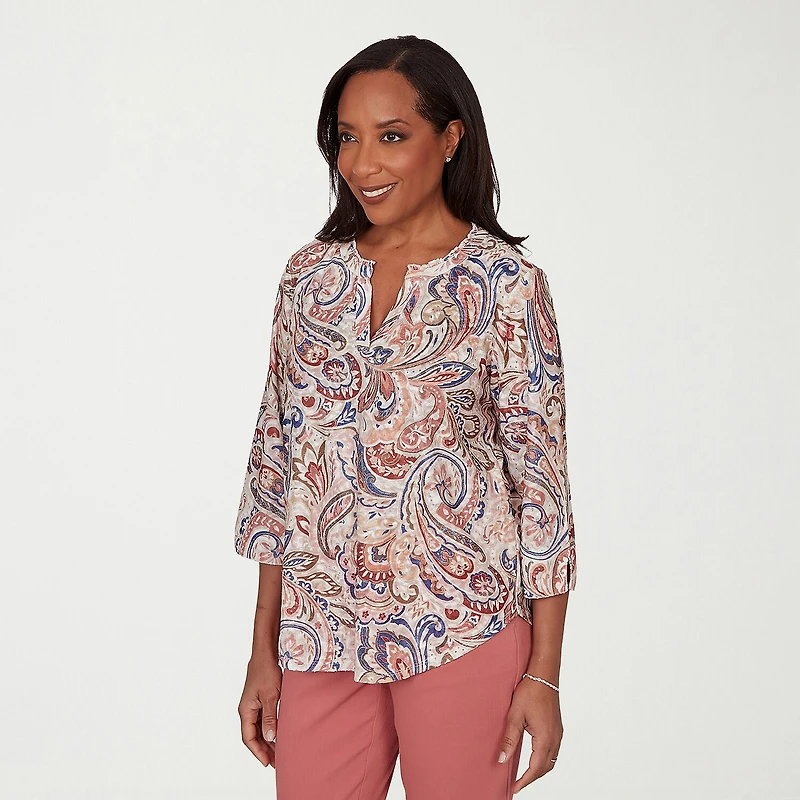 Alfred Dunner Camden Market Womens Split Crew Neck 3/4 Sleeve T-Shirt