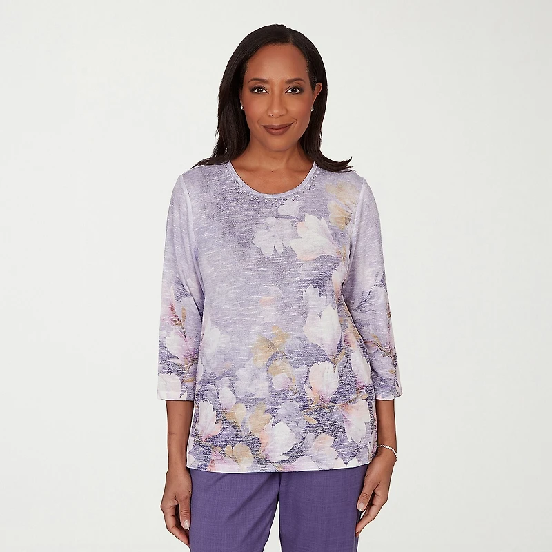 Alfred Dunner Grand Bazaar Womens Crew Neck 3/4 Sleeve T-Shirt