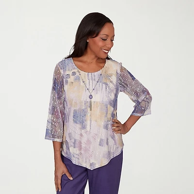 Alfred Dunner Grand Bazaar Womens Crew Neck 3/4 Sleeve T-Shirt