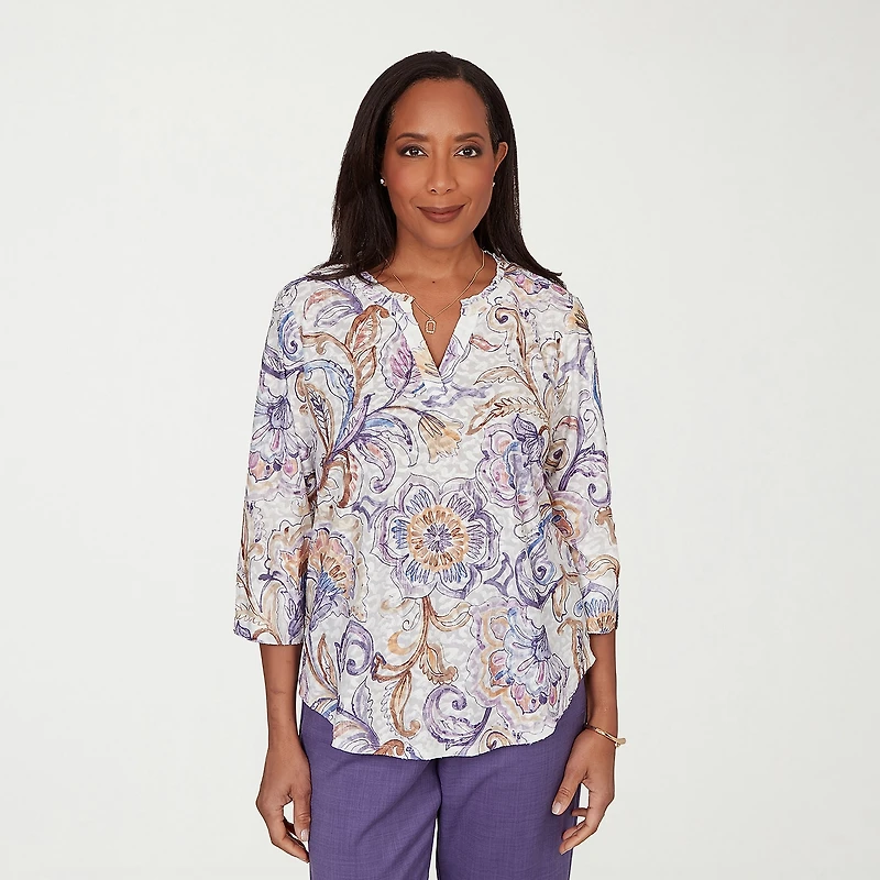 Alfred Dunner Grand Bazaar Womens Split Crew Neck 3/4 Sleeve T-Shirt