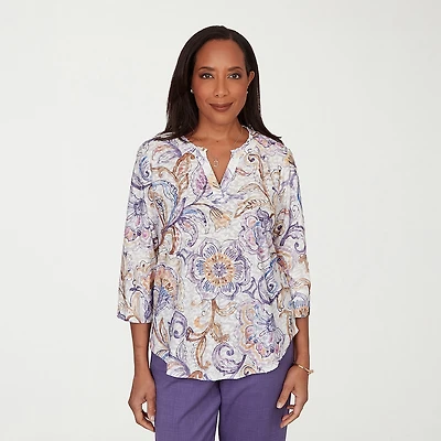 Alfred Dunner Grand Bazaar Womens Split Crew Neck 3/4 Sleeve T-Shirt