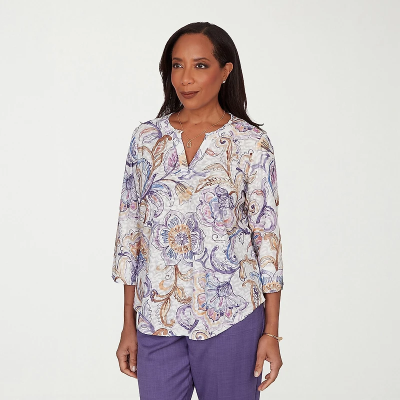 Alfred Dunner Grand Bazaar Womens Split Crew Neck 3/4 Sleeve T-Shirt