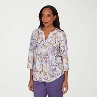 Alfred Dunner Grand Bazaar Womens Split Crew Neck 3/4 Sleeve T-Shirt