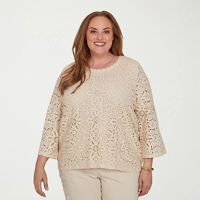 Alfred Dunner Camden Market Womens Crew Neck 3/4 Sleeve Lined Blouse