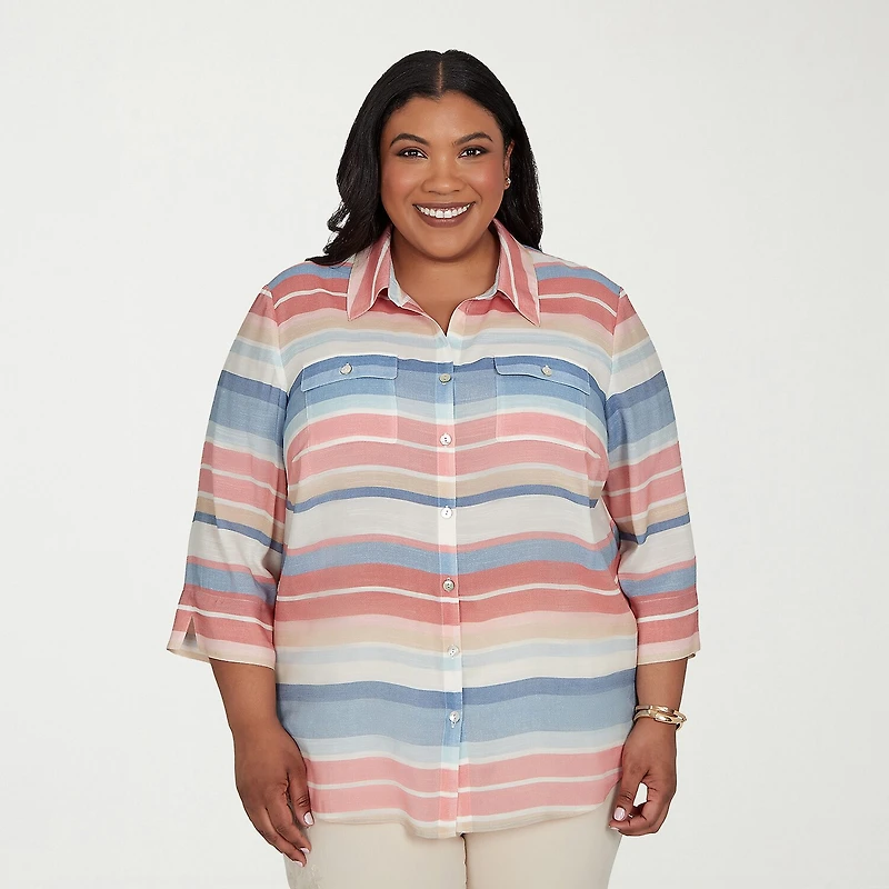 Alfred Dunner Camden Market Womens Cuffed 3/4 Sleeve Regular Fit Button-Down Shirt