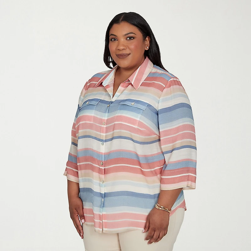 Alfred Dunner Camden Market Womens Cuffed 3/4 Sleeve Regular Fit Button-Down Shirt