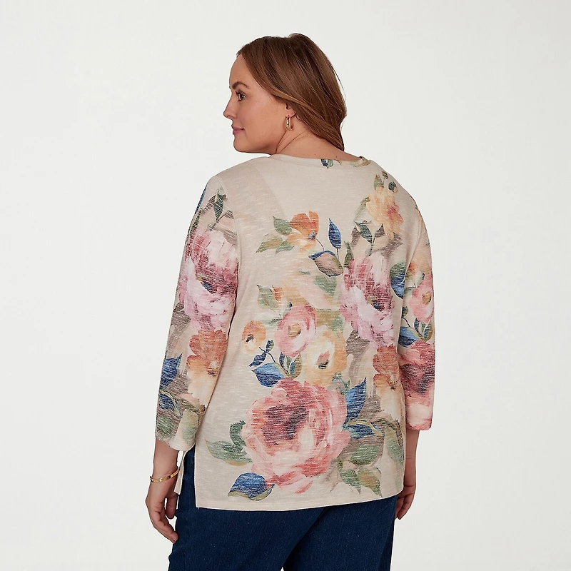 Alfred Dunner Camden Market Womens V Neck 3/4 Sleeve T-Shirt