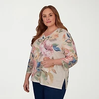 Alfred Dunner Camden Market Womens V Neck 3/4 Sleeve T-Shirt
