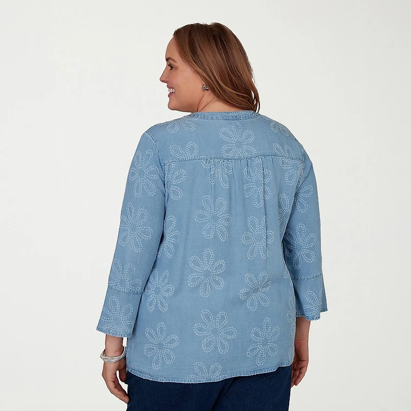 Alfred Dunner Camden Market Womens Split Crew Neck 3/4 Sleeve Blouse
