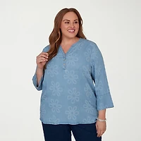 Alfred Dunner Camden Market Womens Split Crew Neck 3/4 Sleeve Blouse