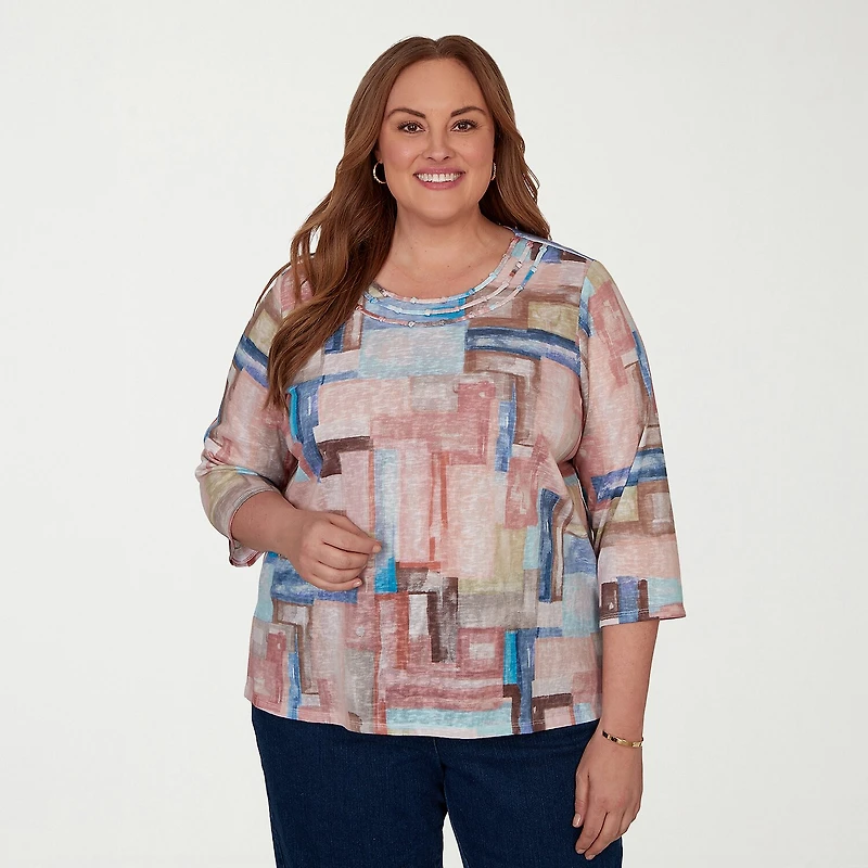 Alfred Dunner Camden Market Womens Crew Neck 3/4 Sleeve T-Shirt