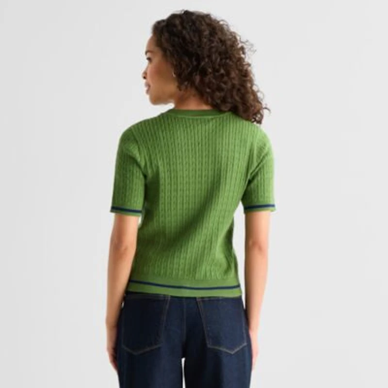St. John's Bay Womens Crew Neck Short Sleeve Cable Knit Pullover Sweater