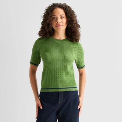 St. John's Bay Womens Crew Neck Short Sleeve Cable Knit Pullover Sweater
