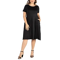 24seven Comfort Apparel Womens Plus Midi Round Neck Short Sleeve Fit + Flare Dress