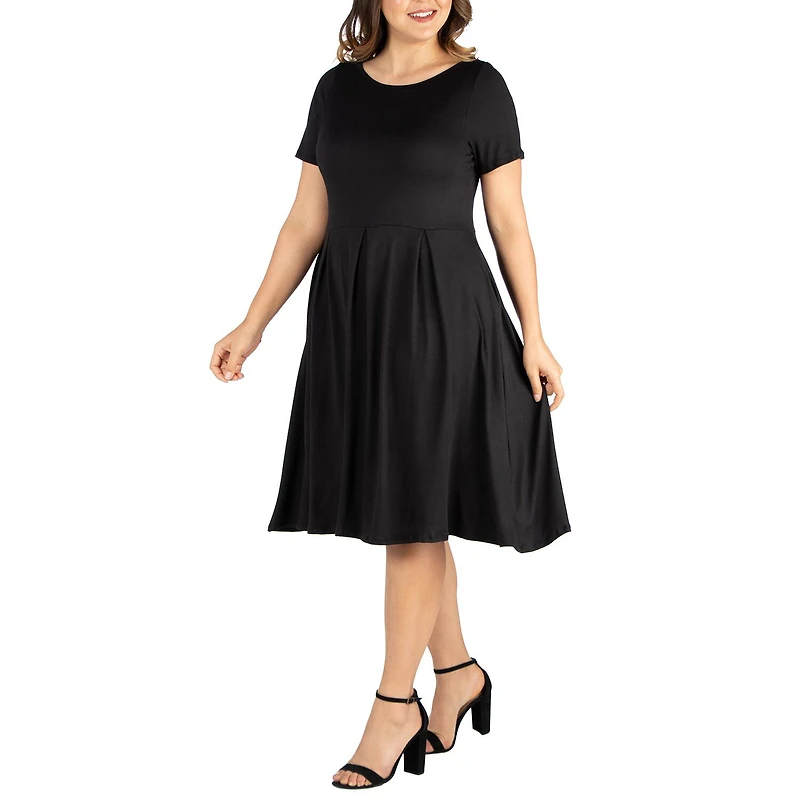 24seven Comfort Apparel Womens Plus Midi Round Neck Short Sleeve Fit + Flare Dress