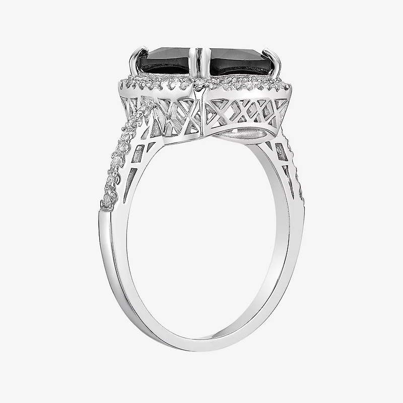 Womens Genuine Black Onyx Sterling Silver Cushion Halo Cocktail Ring