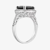 Womens Genuine Black Onyx Sterling Silver Cushion Halo Cocktail Ring