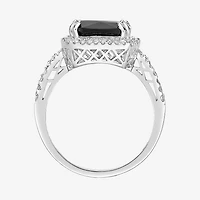 Womens Genuine Black Onyx Sterling Silver Cushion Halo Cocktail Ring