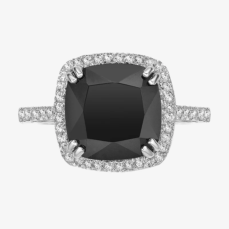Womens Genuine Black Onyx Sterling Silver Cushion Halo Cocktail Ring