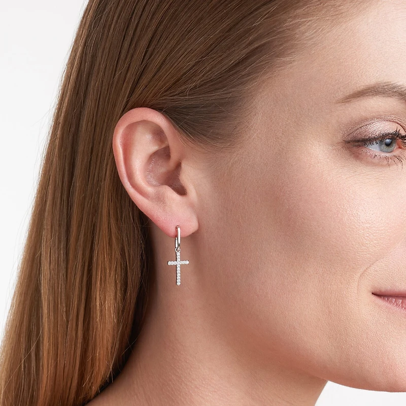 Womens Cubic Zirconia Sterling Silver Cross Drop Earrings