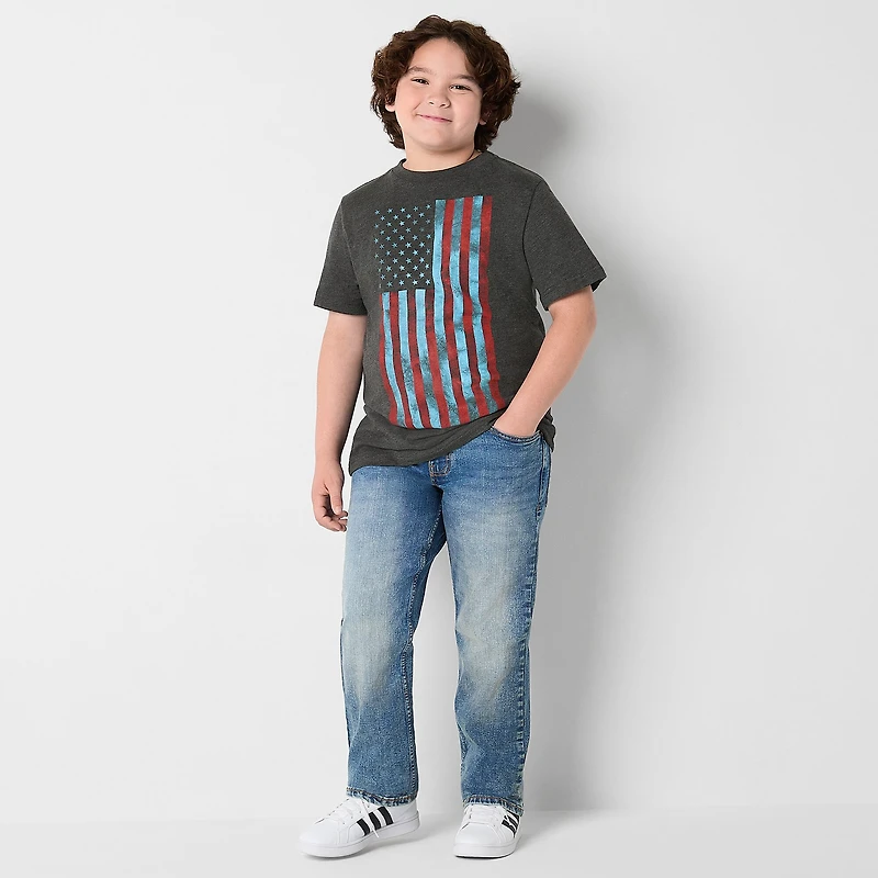 Thereabouts Little & Big Kid Boys Crew Neck Short Sleeve Flag Regular Fit Graphic T-Shirt