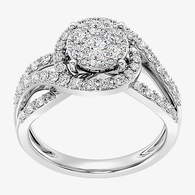 Womens 1 CT. T.W. Lab Grown White Diamond Sterling Silver Round Side Stone Cocktail Ring