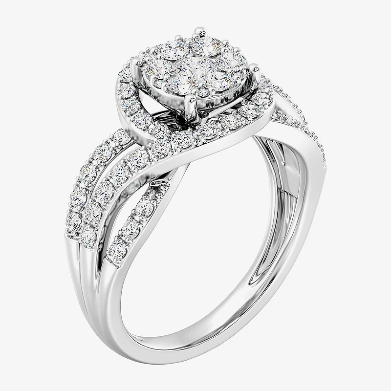 Womens 1 CT. T.W. Lab Grown White Diamond Sterling Silver Round Side Stone Cocktail Ring